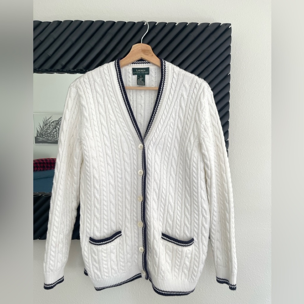Ralph Lauren White Cable Knit Cardigan with Navy Trim